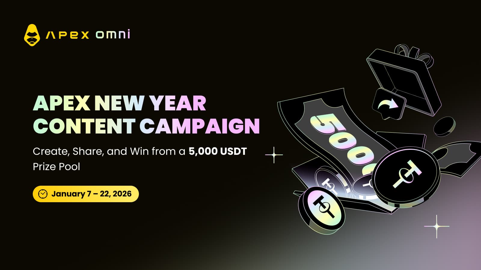 ApeX 新年コンテンツキャンペーン:制作・シェアして、5,000 USDTの賞金プールを獲得しよう!