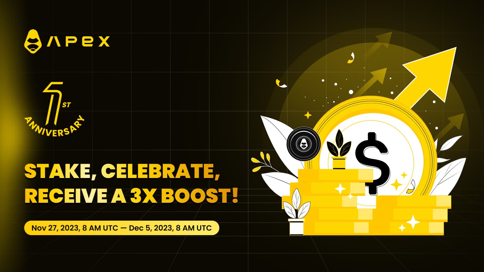 ApeX의 창립 기념 스테이킹 특별 이벤트 — 3배 부스트로 스테이킹하세요