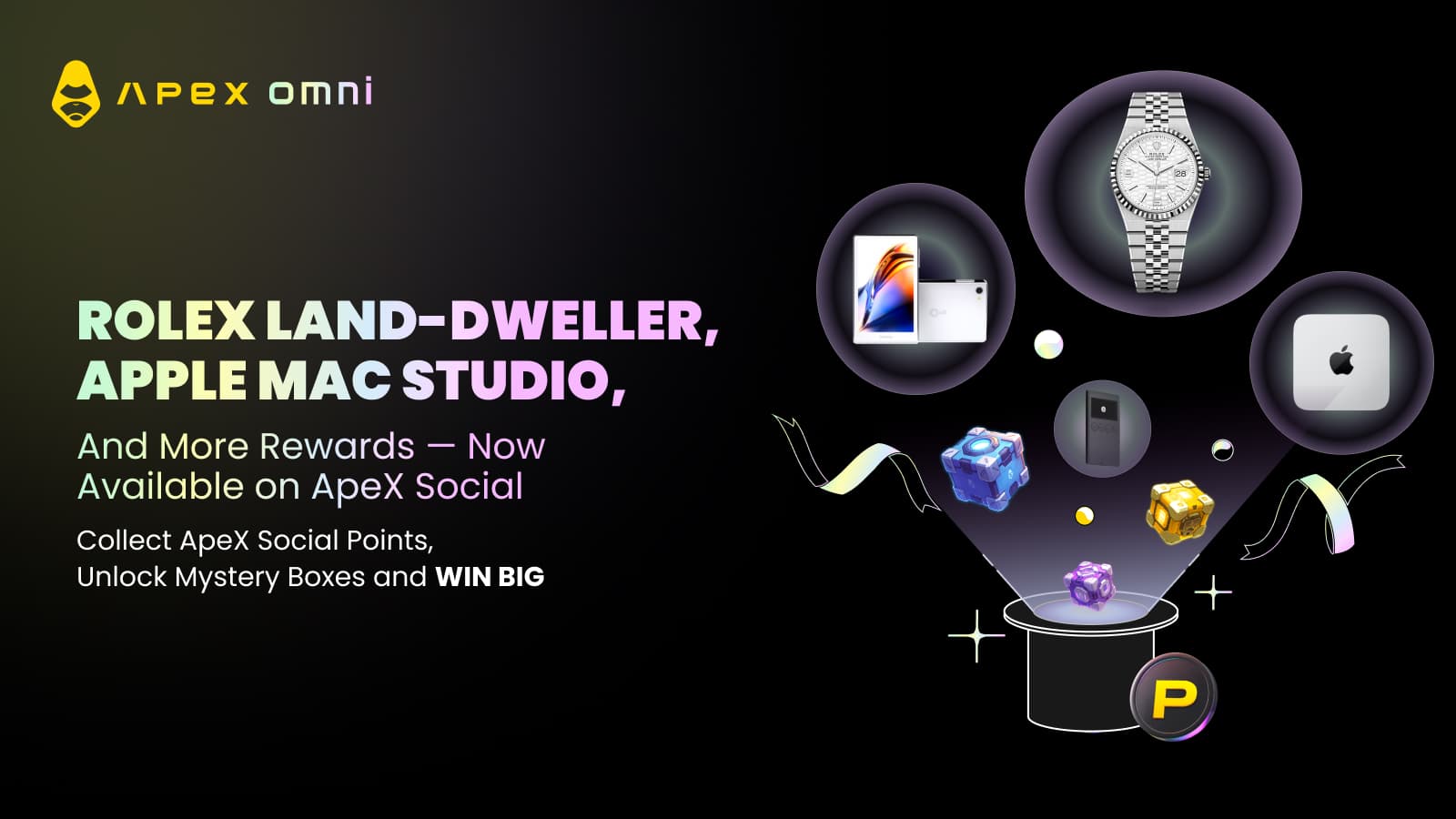 Rolex Land-Dweller、Apple Mac Studioなど豪華賞品が勢ぞろい — ApeX Socialで究極の報酬をアンロックしよう 🎁