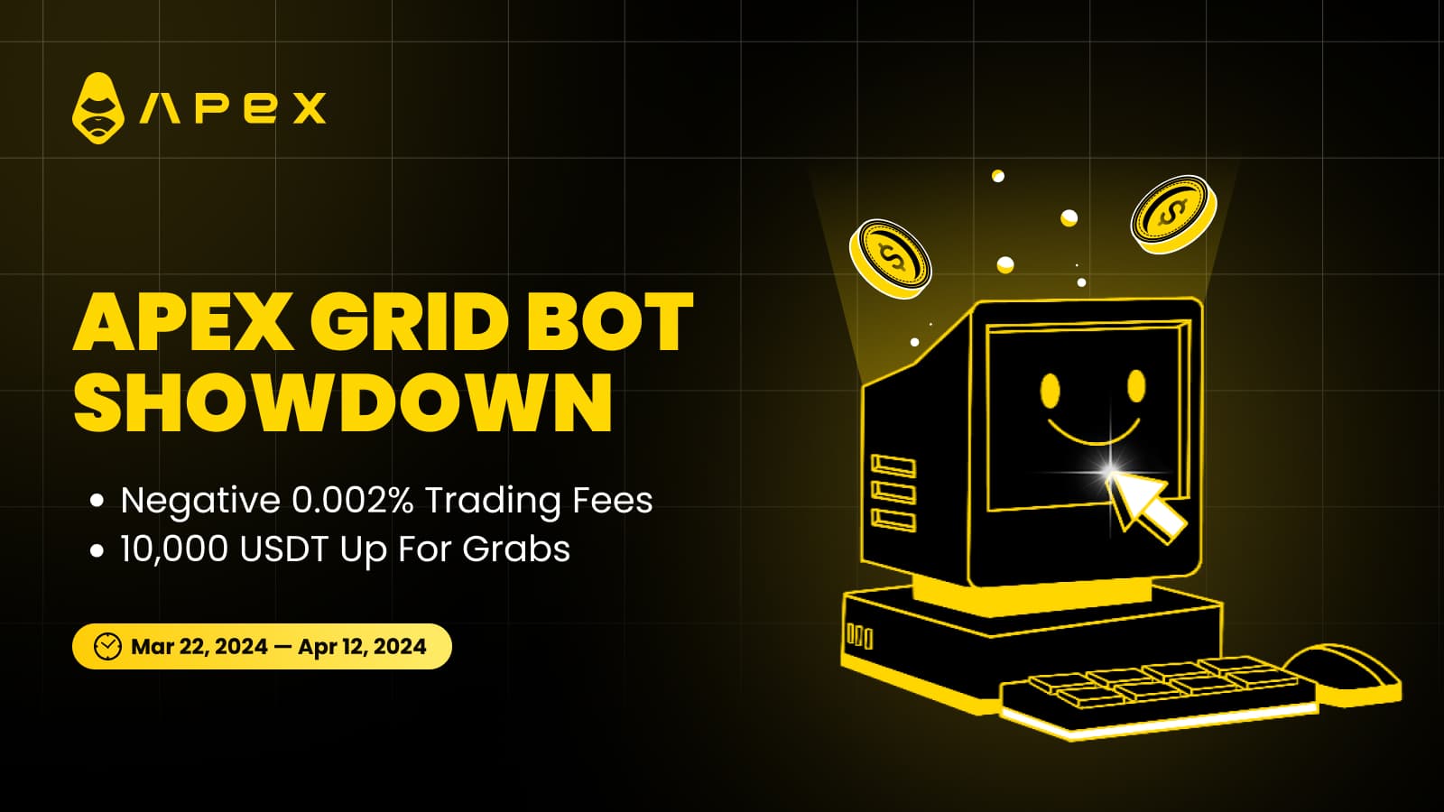 ApeX Grid Bot 記念トレード大会 — 10,000 USDT賞金プールとマイナス0.002%の手数料でトレードしよう